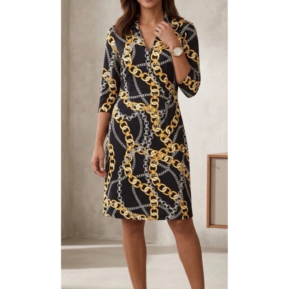 J.McLaughlin Catalina Cloth Gold Chain Link Print Dress XS Black Career Designwr
